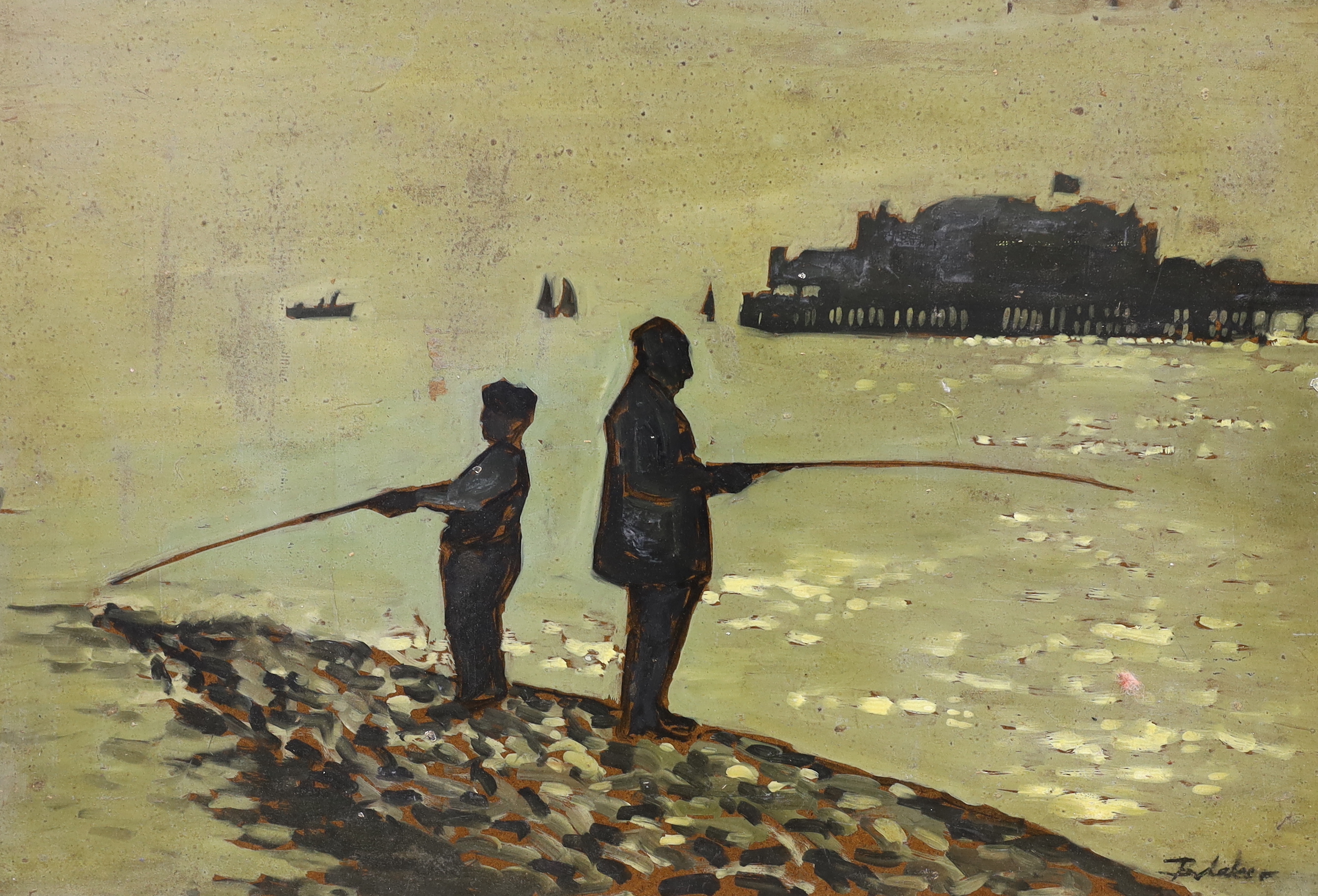 Michael John Blaker (1928-2018), two oils on board and a colour etching, Figures fishing, landscape and White Cat and Flowers, each signed, one framed, largest 51 x 61cm